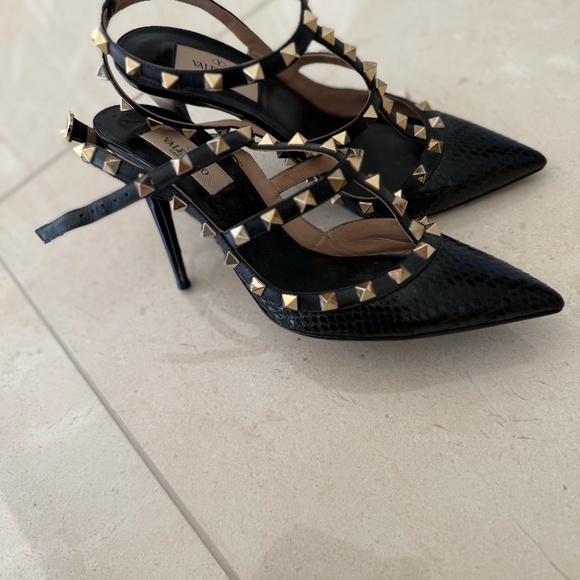 Valentino Black Snakeskin and Patent Leather Rockstud Ankle Strap Pumps - Picture 5 of 8